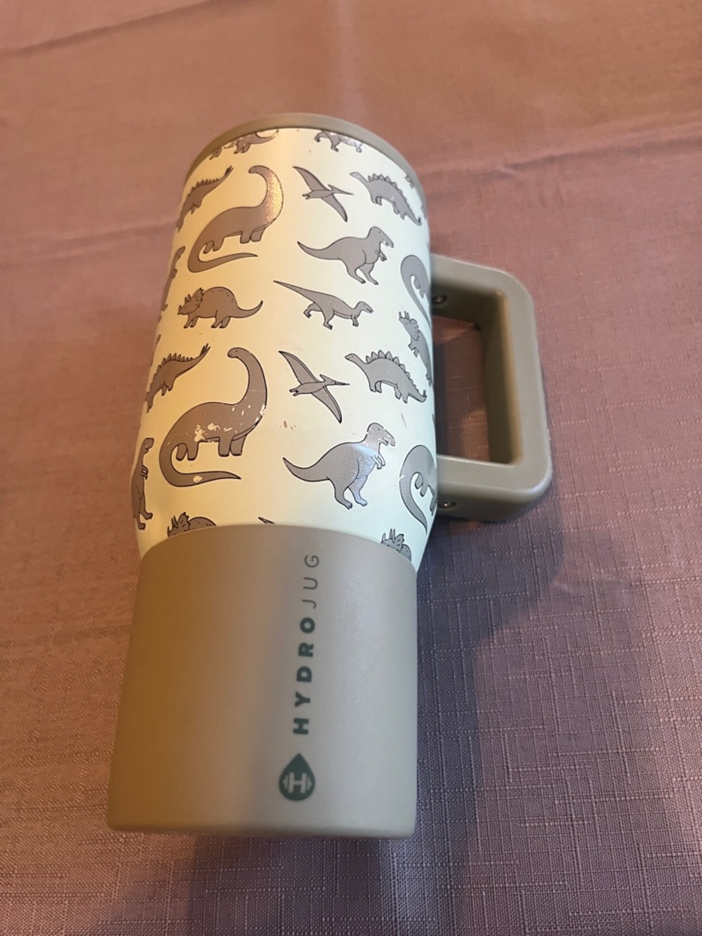 HydroJug Cream and Taupe Dino Print Travel Mug with Handle